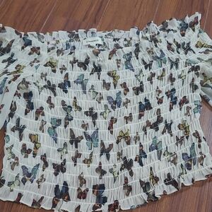 L'AGENCE White Multicolor Butterfly Smocked Top